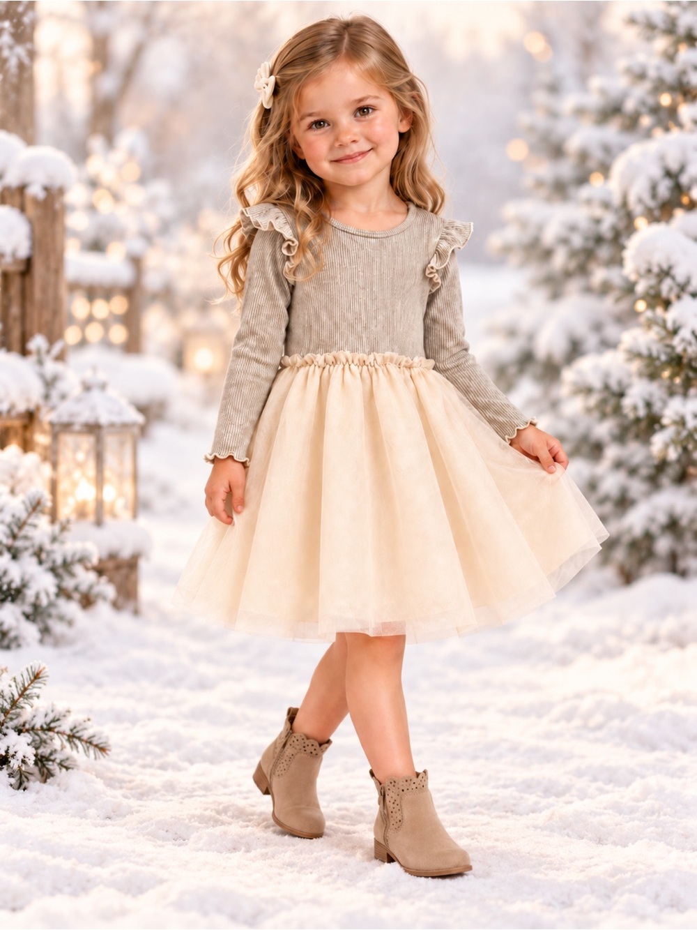 Old Navy Girls 4T Sparkly Ribbed Ruffle Tulle Dress Ivory Gray